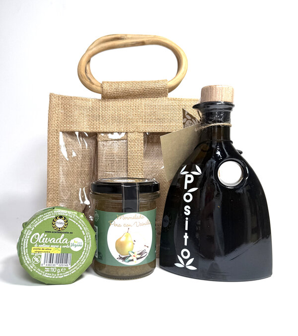 cesta regalo yute y bambú con aceite de oliva virgen extra